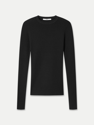 Mona Full Needle Rib Merino Wool Crew Neck Top in black front flat view A.B.C A BRAND COLLECTIVE classic versatile silhouette