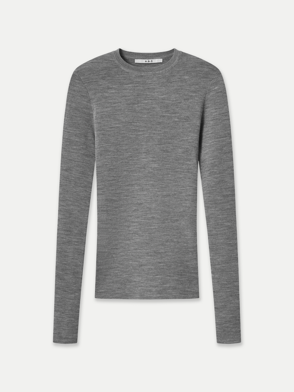 Mona Full Needle Rib Merino Wool Crew Neck Top in grey front flat view A.B.C A BRAND COLLECTIVE 100% Fibre Trace Wool