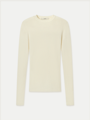 Mona Full Needle Rib Merino Wool Crew Neck Top in ivory front flat view A.B.C A BRAND COLLECTIVE natural temperature regulation