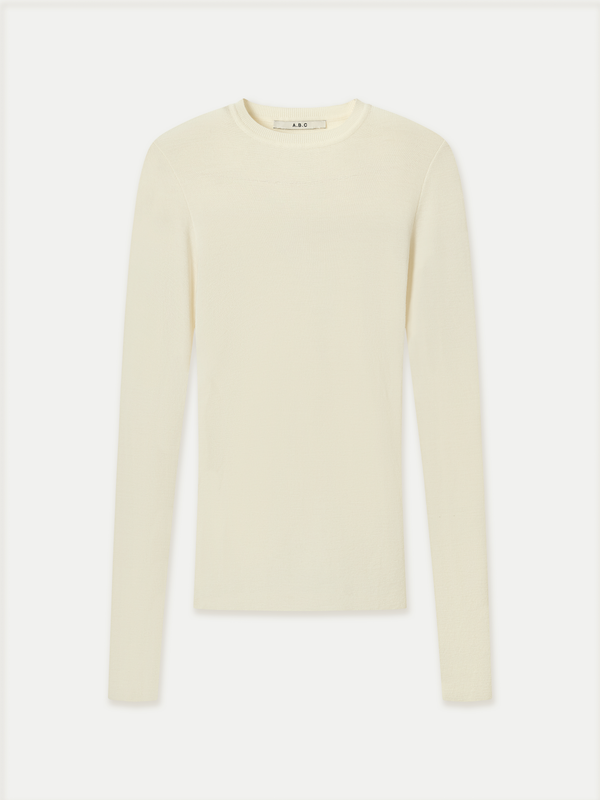 Mona Full Needle Rib Merino Wool Crew Neck Top in ivory front flat view A.B.C A BRAND COLLECTIVE natural temperature regulation