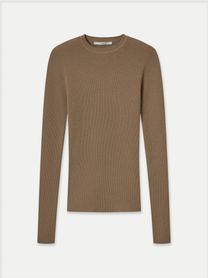 Mona Full Needle Rib Merino Wool Crew Neck Top in mocha front flat view A.B.C A BRAND COLLECTIVE premium merino wool warmth