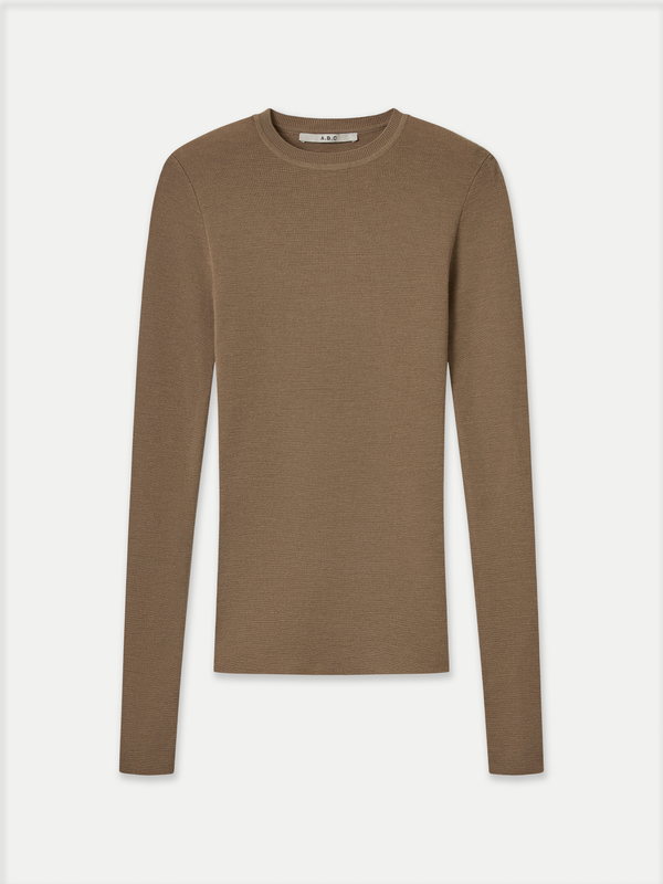 Mona Full Needle Rib Merino Wool Crew Neck Top in mocha front flat view A.B.C A BRAND COLLECTIVE premium merino wool warmth