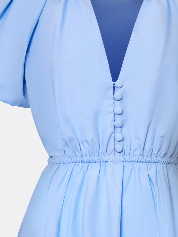 Close-up of A.B.C A BRAND COLLECTIVE blue dress showing delicate button details and the crisp texture of breathable poplin