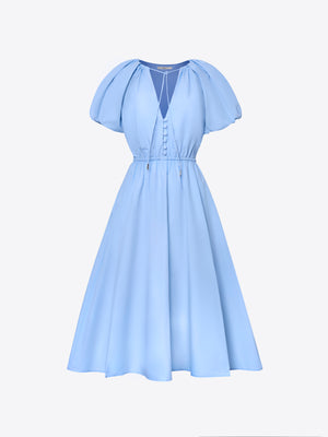 A.B.C A BRAND COLLECTIVE Blue Moree Dress: sculpted puff sleeves and architectural gathered waist in premium cotton poplin