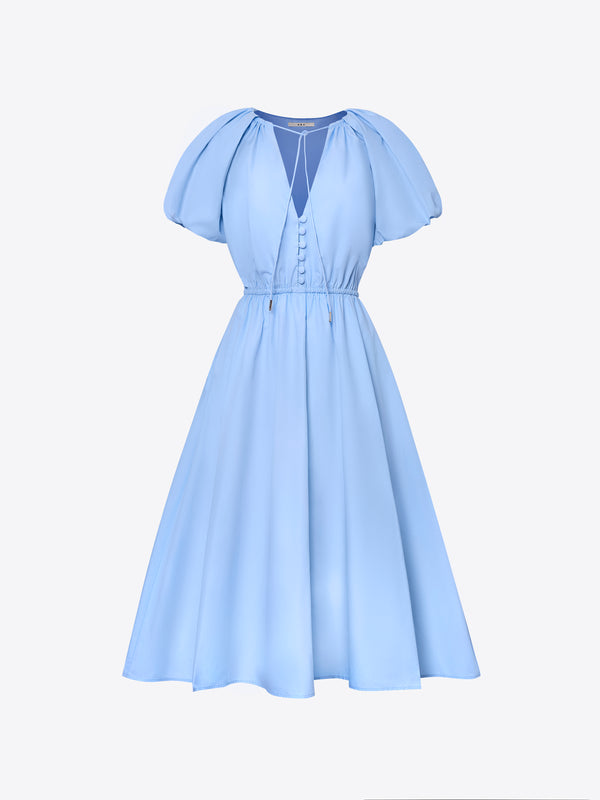 A.B.C A BRAND COLLECTIVE Blue Moree Dress: sculpted puff sleeves and architectural gathered waist in premium cotton poplin