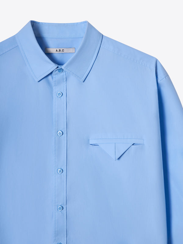 Detailed view of the structured collar on the blue Moree Relaxed Shirt A.B.C A BRAND COLLECTIVE.