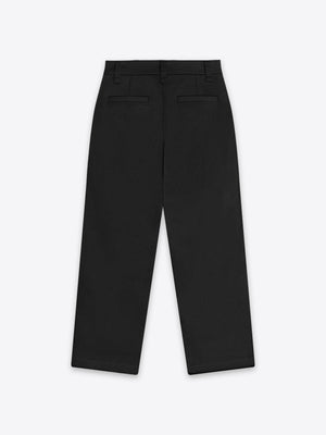 Minimalist back view of the black oversized KEW pants, featuring a relaxed and resilient 100% Good Earth Cotton design.