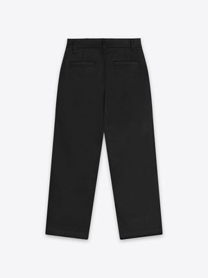 Minimalist back view of the black oversized KEW pants, featuring a relaxed and resilient 100% Good Earth Cotton design.
