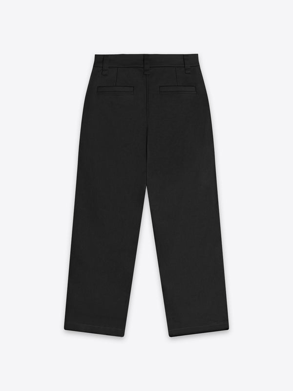 Minimalist back view of the black oversized KEW pants, featuring a relaxed and resilient 100% Good Earth Cotton design.