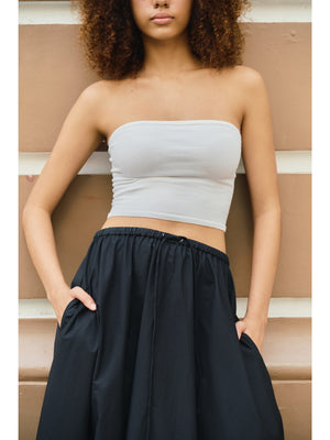 Close up of the adjustable elastic drawstring on the Moree Cotton Poplin Maxi Skirt A.B.C A BRAND COLLECTIVE comfortable flattering fit