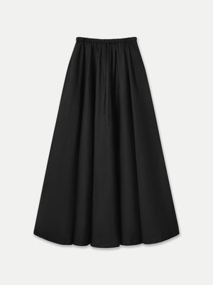 Moree Elastic Drawstring Cotton Poplin Maxi Skirt in Black front flat view A.B.C A BRAND COLLECTIVE 100% Good Earth Cotton