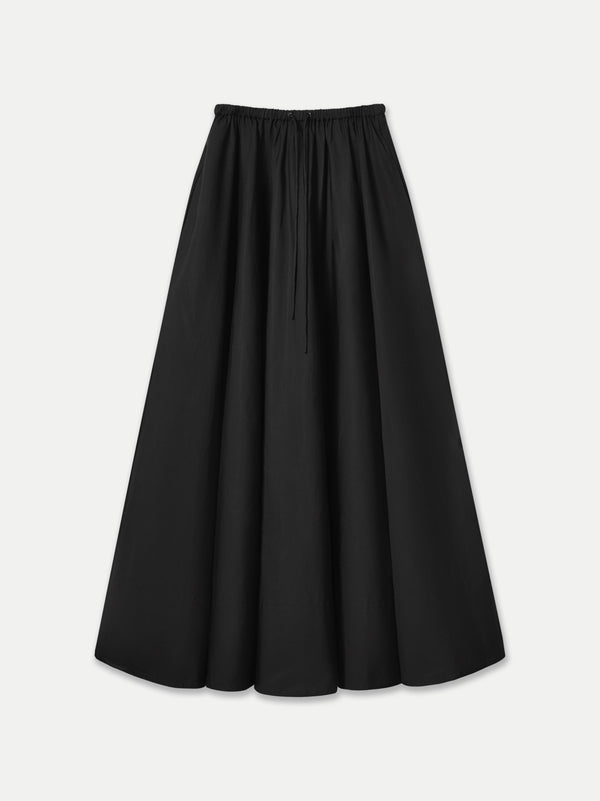 Moree Elastic Drawstring Cotton Poplin Maxi Skirt in Black front flat view A.B.C A BRAND COLLECTIVE 100% Good Earth Cotton