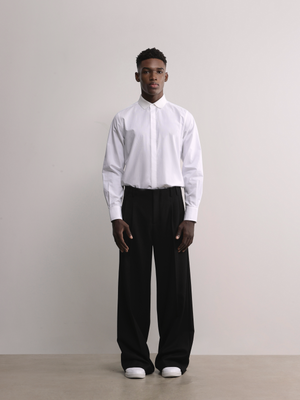 Parkville Wide Leg Trousers in Black styled with a basic wool shirt