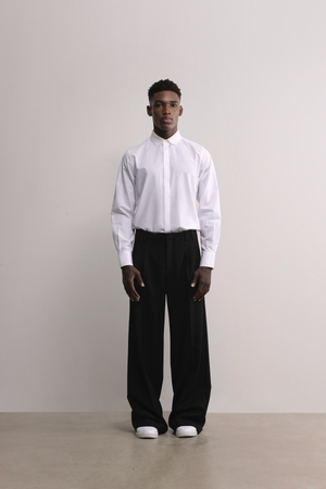 Parkville Wide Leg Trousers in Black styled with a basic wool shirt