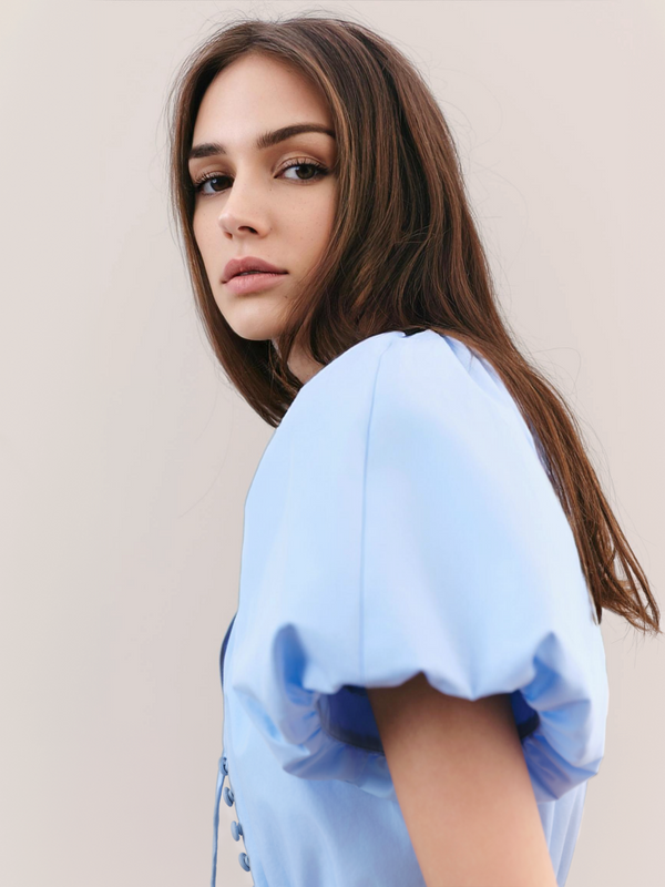 MOREE PUFF SLEEVES GARTHERED WAIST COTTON POPLIN DRESS